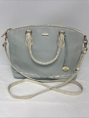 Brahmin Duxbury Pale Blue Leather Crossbody with White Croc-Trim Accents